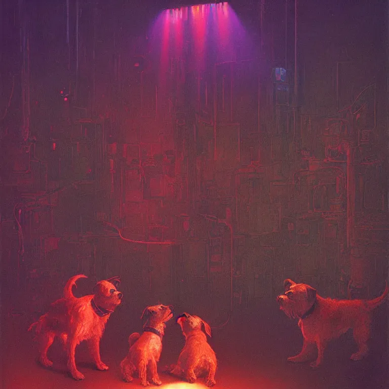 Image similar to two terrier dogs, watching a pop concert, bright colorful lights, crowded, excited atmosphere, digital art, concept art, trending on artstation, cinematic lighting, giger, beksinski, barlowe