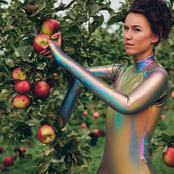 Prompt: a closeup portrait of a woman wearing a muddy iridescent holographic wetsuit, picking apples from a tree in an orchard, foggy, moody, photograph, by vincent desiderio, canon eos c 3 0 0, ƒ 1. 8, 3 5 mm, 8 k, medium - format print