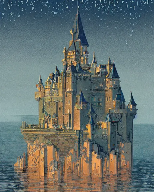 Image similar to a castle on the water, digital art, illustrated by james gurney and victo ngai