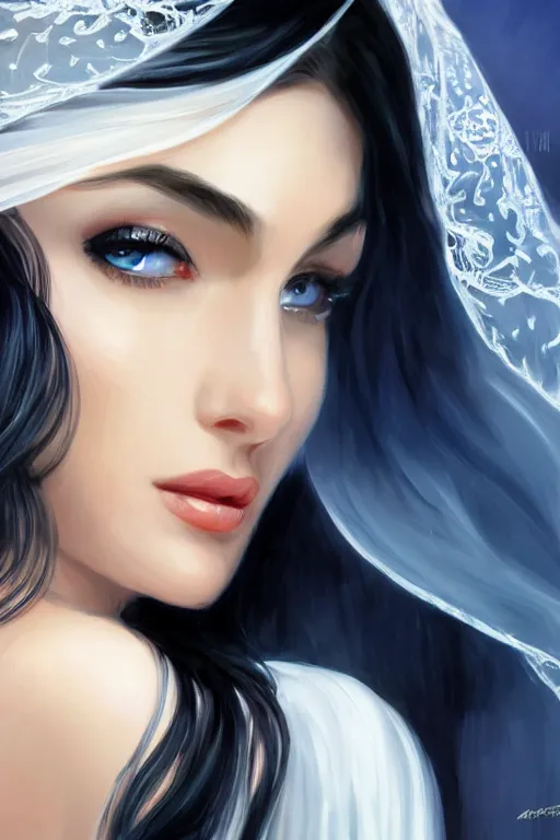 Prompt: Ameera al-Taweel, blue eyes, long wavy black hair, , white veil, closeup, focus face, elegant, highly detailed, centered, digital painting, artstation, concept art, art by artgerm