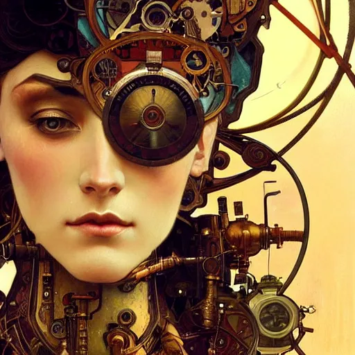 Image similar to close - up portrait of a beautiful female steampunk in the style of ex machina, karol bak, alphonse mucha, greg rutkowski,