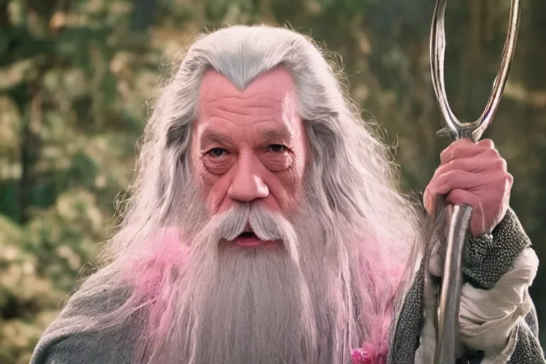 Image similar to portrait of Gandalf wearing pink Hello kitty costume, smiling warmly, sunrise, movie still from Lord of the Rings, cinematic