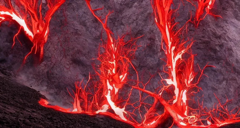 Image similar to a volcano made of ivory vines and crimson rocks enters in eruption, it spits a smoke in the shape of demonic eye, by Wit Studio