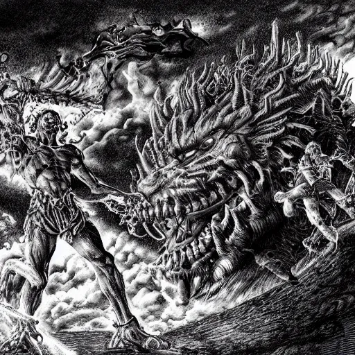 Image similar to a stunning digital masterpiece of hell and heaven at war by kentaro miura, hyper-detailed