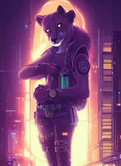 Image similar to beautiful portrait commission of a female furry anthro mountain lion wearing a bullet proof vest and cargo pants. Cyberpunk city at night in the rain. Neon light. Atmospheric. Character design by charlie bowater, ross tran, artgerm, and makoto shinkai, detailed, inked, western comic book art