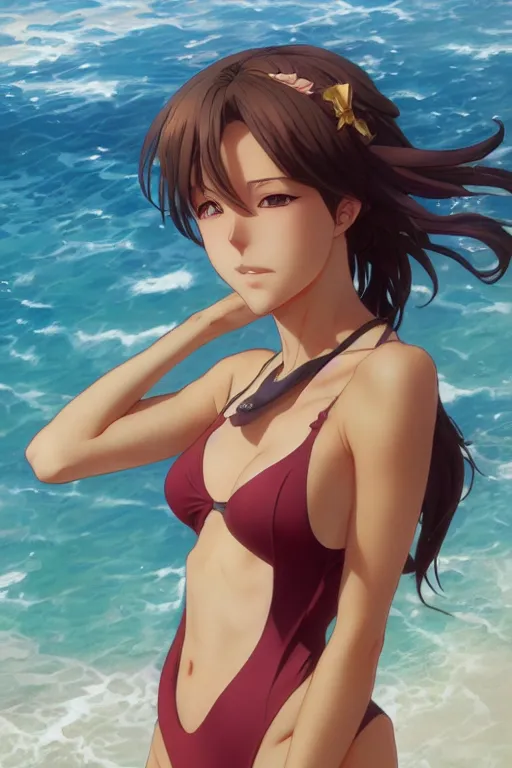 Image similar to anime key visual of a beautiful young female in a swimsuit, stunning, highly detailed, digital painting, artstation, smooth, hard focus, illustration, art by artgerm and greg rutkowski and alphonse mucha