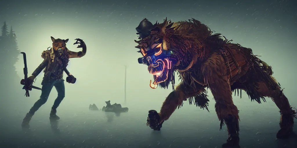 Prompt: lumberjack wearing a steampunk and neonpunk mechanical fluorescent mystical animal mask in strange misty estuary landscape fight with werewolf, night, realism in style of fornite game, 4 k, octane render, award winning photograph, epic cinematic shot, perfectly defined features, ambient occlusion