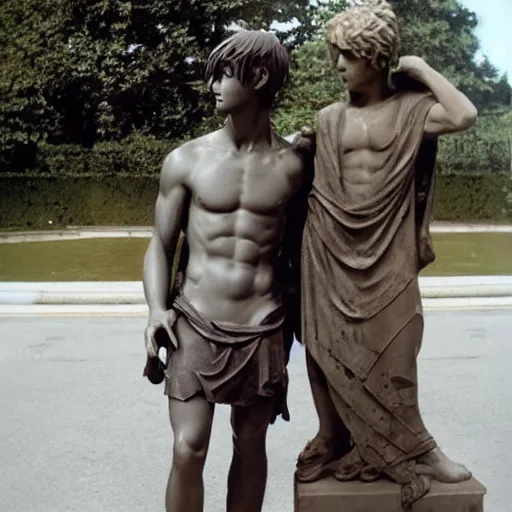 Prompt: anime boy with roman statue boyfriend, old photo