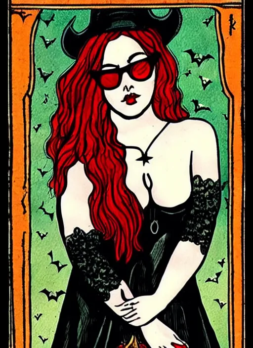 Prompt: a dark tarot card featuring border illustrations!, text and a pale young woman, chubby, with long wavy red hair, pretty eyes and trendy clear glasses! sensual witch posing in a decorated room, dramatic, incredibly detailed art, medieval, halloween