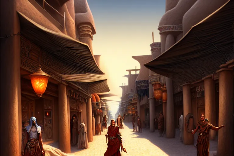 Image similar to a highly detailed bazaar street in the desert city of tyr from the land of athas, amazing dark sun digital painting, by gerald brom, brom digital art, concept art, intricate details, ultra realistic, beautiful art, volumetric lighting, dark sun - campaign setting, by brom, trending cgsociety, artstation, rim lighting, 8 k