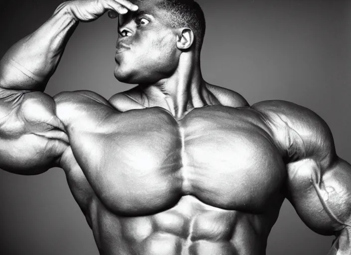 Prompt: an inflatable body builder, closeup portrait. shot by platon using a leica with flash, kodak gold 3 5 mm film