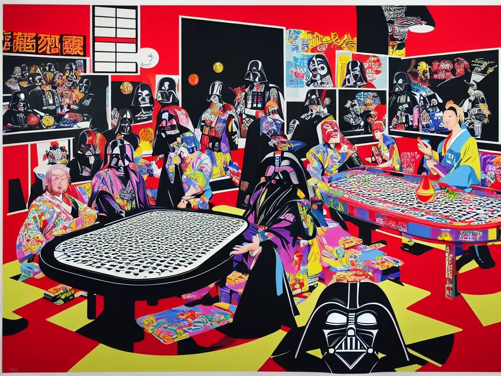 Image similar to hyper - realistic composition of a large room with an extremely detailed poker table in the center, woman in traditional japanese kimono standing nearby, darth vader sitting at the table, fireworks in the background, pop art style, jackie tsai style, andy warhol style, acrylic on canvas, dull palette