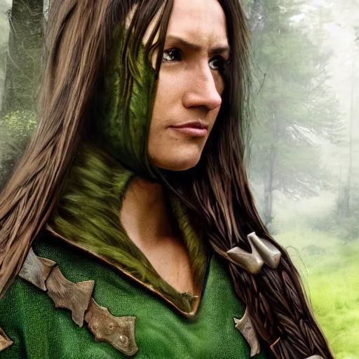 Prompt: anya charlota as a medieval fantasy wood elf, dark brown hair tucked behind ears, wearing a green tunic with a fur lined collar and brown leather armor, wide, muscular build, scar across nose, one black, scaled arm, cinematic, character art, digital art, forest background, realistic. 4 k