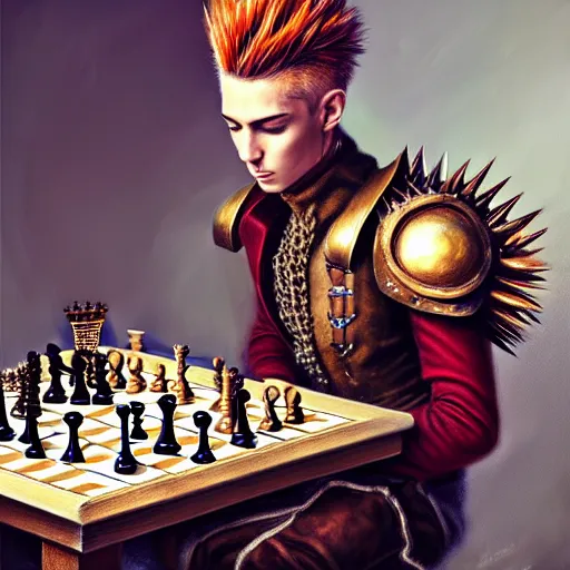 Prompt: man with spiky hair, wearing very complex steampunk armor, playing chess, oil painting, soft style, hyperrealism, beautiful, high resolution, trending on artstation