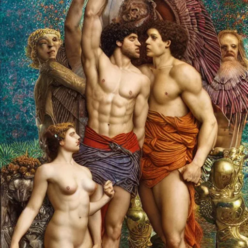 Prompt: greek gods, muscular, elegant, high resolution, art by ernst haeckel, john william godward, gustav klimt greg rutkowski, craig mullins, ruan jia, raymond swanland, tom lovell