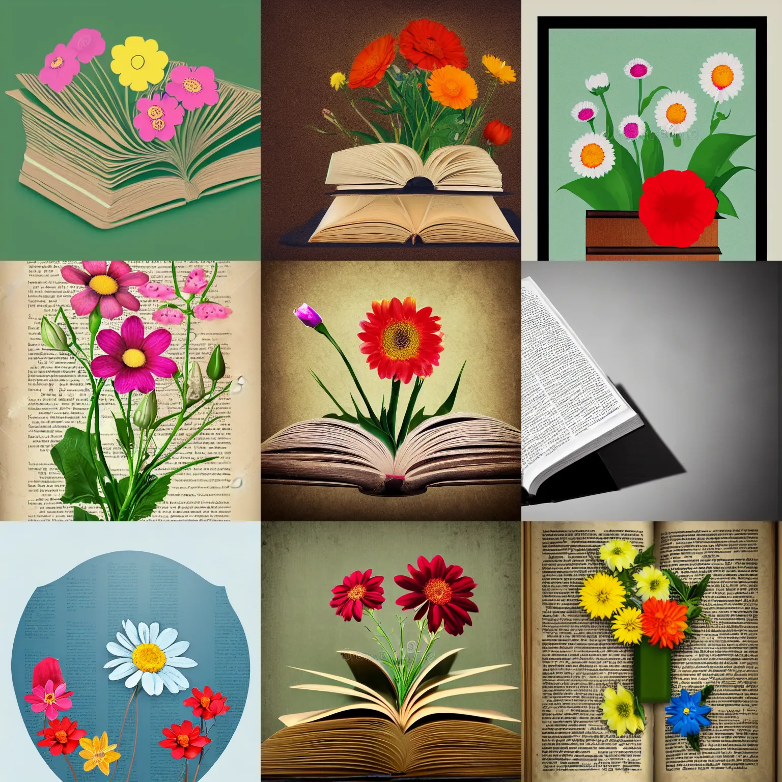 Prompt: flowers growing from a book, poster illustration, high resolution