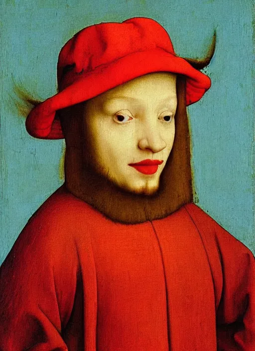 Image similar to red hat, medieval painting by jan van eyck, johannes vermeer