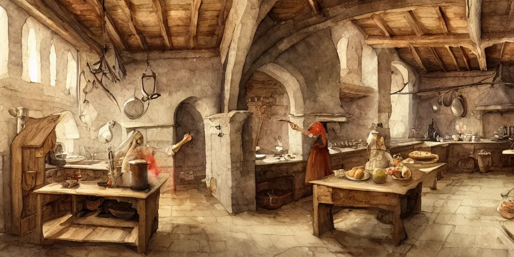 Prompt: medieval kitchen, wide angle, exquisite masterpiece watercolor painting, trending on artstation