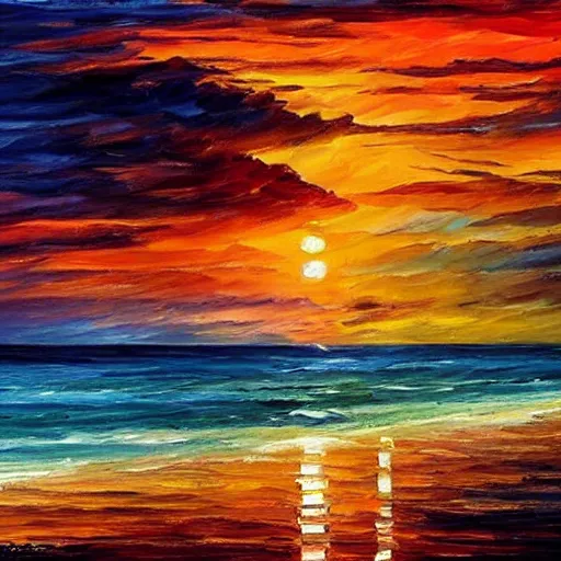 Prompt: sunset on the caribbean bay, by leonid afremov and moebius