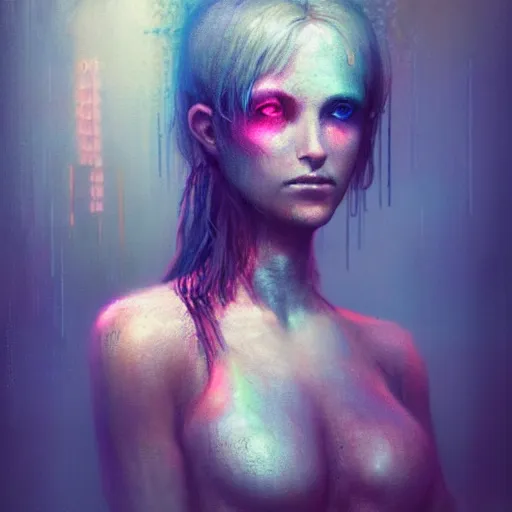 Prompt: female cyberpunk portrait by cy Twombly and BASTIEN LECOUFFE DEHARME, iridescent, volumetric lighting, neon glow