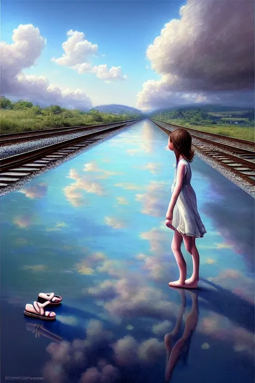 Prompt: on reflective water a barefoot girl carries her shoes, underwater train tracks, there is a train station in the distance and large white clouds on a wide horizon, intricate, elegant, highly detailed, digital photo, artstation, concept art, smooth, sharp focus, low angle photo, art by artgerm and greg rutkowski and fra angelico