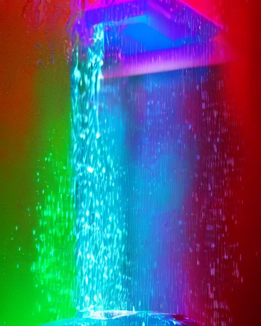 Image similar to special sleep clock, colorful water flowing from all sides, ticking sound visualized, cinematic lighting, interesting, high quality, perfect, 8 k high detail, masterpiece, trending on artstation