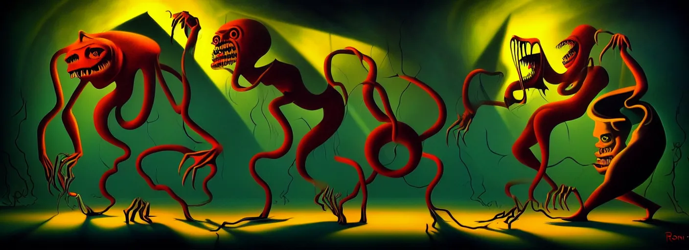 Image similar to uncanny monsters from the depths of the collective unconscious, dramatic lighting, surreal dark 1 9 3 0 s fleischer cartoon characters, surreal painting by ronny khalil