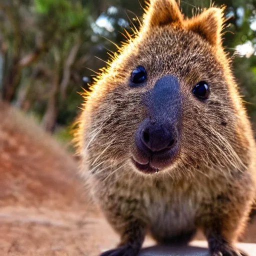 Image similar to happy quokka taking a selfie, golden hour, ultra realistic