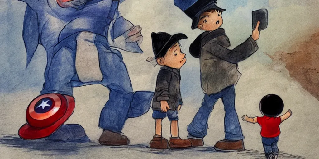 Prompt: A little boy in a hat drawn in the style of realism tells a story to his sister in the style of Disney that he saw a man on the moon who puts photos of fallen Marvel heroes of the Soviet Union on the roads, art 4k