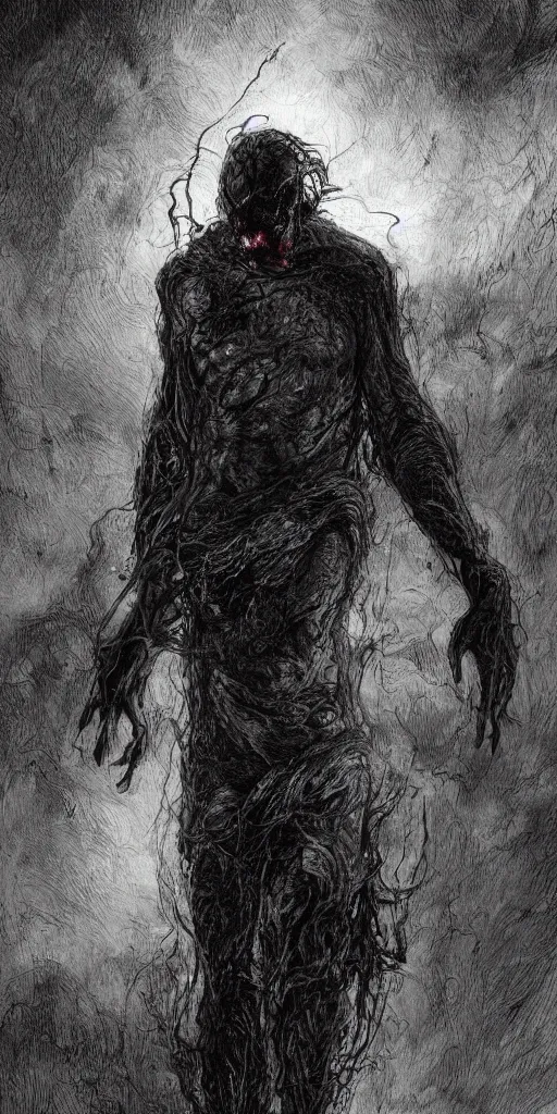 Image similar to concept art of a man with his body covered in burns, with black smoke coming out of his hands, full body, dark colors, sinister atmosphere, dramatic lighting, cinematic, establishing shot, extremely high detail, photo realistic, cinematic lighting, pen and ink, intricate line drawings, by Yoshitaka Amano, Ruan Jia, Kentaro Miura, Artgerm, post processed, concept art, artstation, matte painting, style by eddie mendoza, raphael lacoste, alex ross,