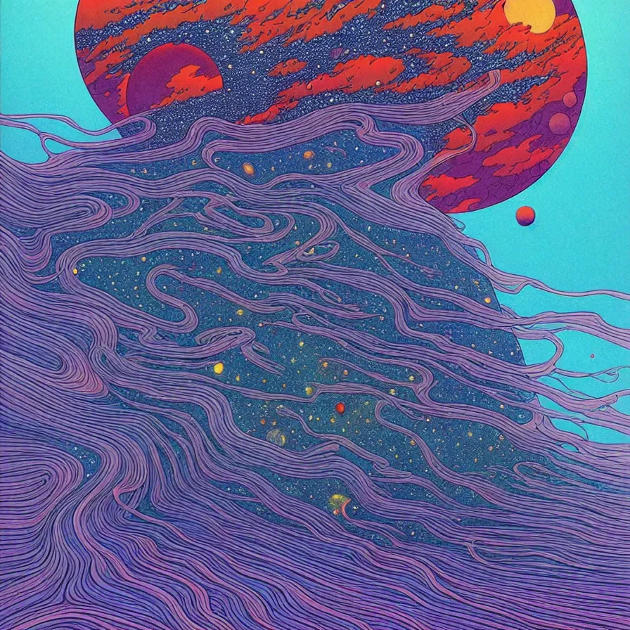 Image similar to ( ( ( ( beautiful gas cloud, strange planet, unique forest ) ) ) ) by mœbius!!!!!!!!!!!!!!!!!!!!!!!!!!!, overdetailed art, colorful, artistic record jacket design