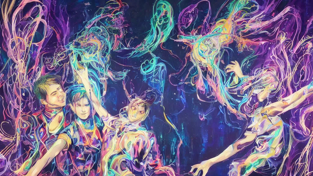 Prompt: a detailed painting of two people dressed as gen z dancing togheter in a nightclub, inspired by yoshitaka amano enveloped in trails of colorful animal ghosts floating around them. clean painting, realistic and auora lighting. dark blue and intense purple color palette, art by kuvshinov ilya, 8 k