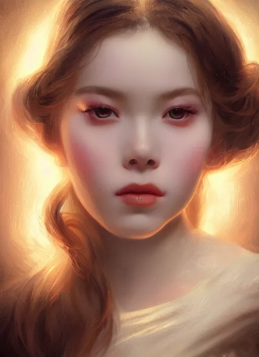 Image similar to of dark fantasy by Kyung Eom, young beautiful Belle Delphine, close up face portrait, medium shot, intricate, elegant, warm light, highly detailed, digital painting, volumetric light, artstation, concept art, smooth, sharp focus, illustration, art by Gil Elvgren and Adolf Wölfli and Peter Mohrbacher