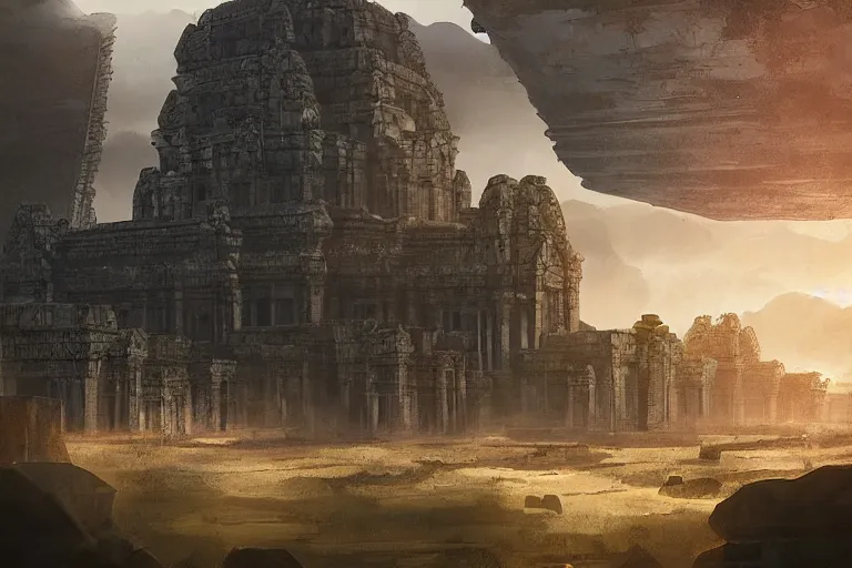 Prompt: brutalist futuristic angkor - styled structures in a primordial valley by jessica rossier