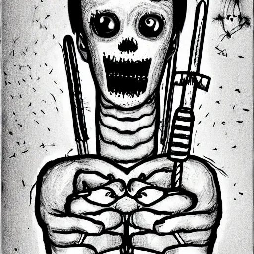 Image similar to serial killer, children drawing, horror, creepy, disturbing