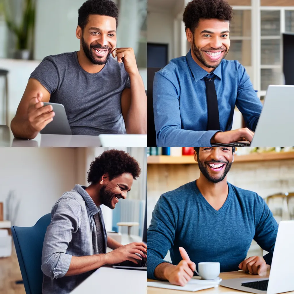 Prompt: stock photo of a man smiling whilst using a laptop