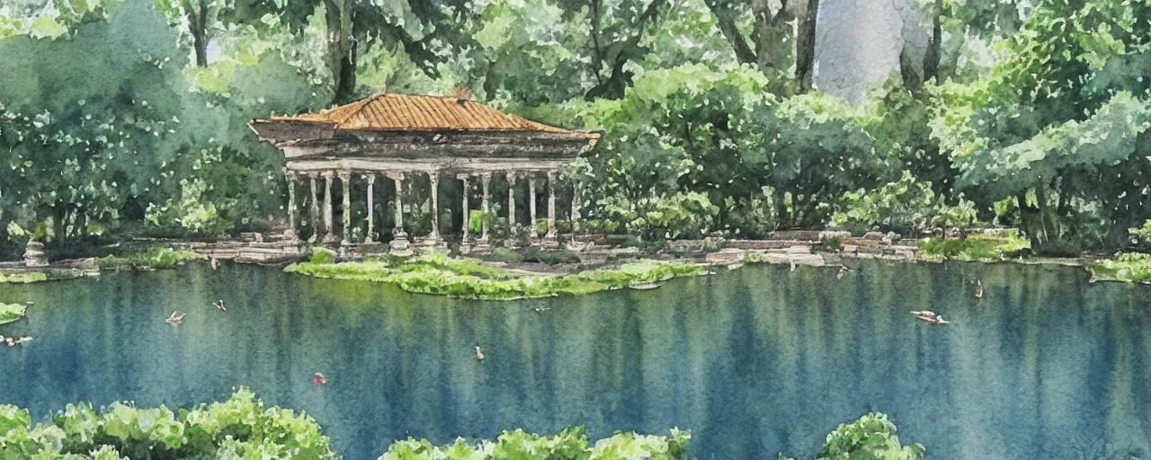 Image similar to isomeric view, delicate lake in a botanic garden, garden road, sparrows, temple in a botanical herbarium paper, watercolor colored painting, iridescent colors, 8 k, realistic shaded, fine details, artstation, italian style, colonnade, flowers, architecture, roma