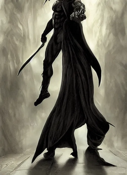 Prompt: elegant renaissance concept art of a male young muscular neo from matrix 1 as sandman from vertigo comics, with, full figure dynamic fighting pose, pale skin!, gothic, black overcoat, fantasy, intricate, highly detailed, digital painting, artstation, smooth, sharp focus, illustration, art by artgerm and greg rutkowski and alphonse mucha