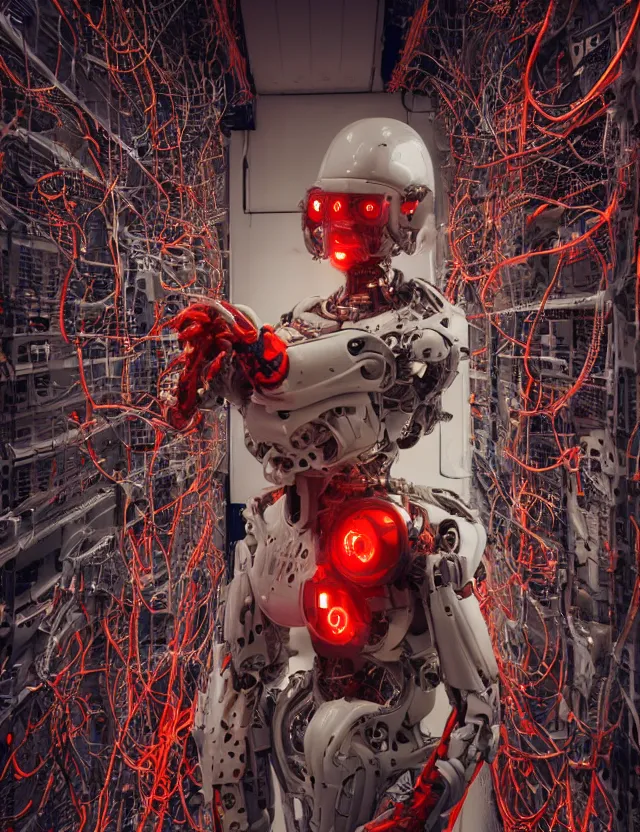 Image similar to cyborg in the data center, wired to the equipmen, red biomechanical details, wearing epic bionic cyborg implants, inflateble shapes, masterpiece, intricate, biopunk, highly detailed, artstation, concept art, cottage core, cinematic focus, polaroid photo, bleached, vintage, high - key lighting, soft lights, foggy, by tarkovsky, 8 k