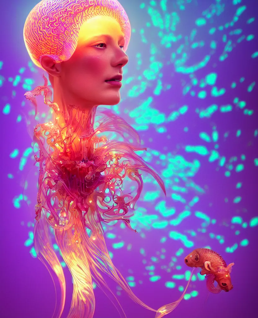 Image similar to goddess close-up portrait. dichroic orchid jellyfish phoenix head, nautilus, skull, betta fish, bioluminiscent creatures, intricate artwork by Tooth Wu and wlop and beeple. octane render, trending on artstation, greg rutkowski very coherent symmetrical artwork. cinematic, hyper realism, high detail, octane render, 8k