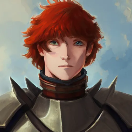 Image similar to portrait of a redheaded man with blue eyes and wearing a armor, medieval background, highly detailed, digital painting, artstation, matte, by makoto shinkai, animation style, studio ghibli, anime key visual