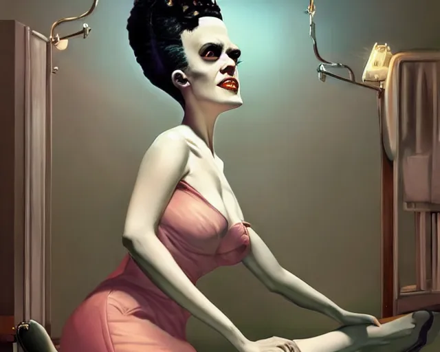 Image similar to phtorealistic modern pin up of the bride of frankenstein posing in a bed in the room of a sanatarium, full body, campy color scheme, realistic, center, smooth, detailed, aly fell, daniela uhlig