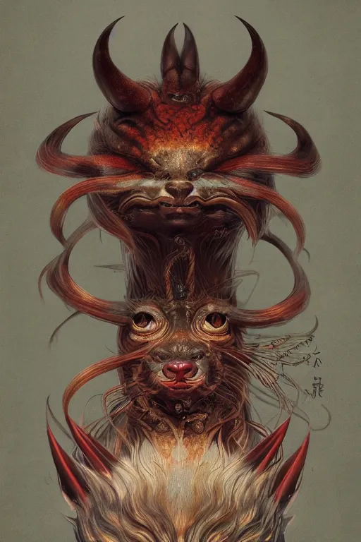 Image similar to a portrait of a symmetrical japanese devil animal illustrated by miyazaki by karol bak, james jean, tom bagshaw, rococo, sharp focus, trending on artstation, cinematic lighting, hyper realism, octane render, 8 k, hyper detailed, vivid, ultra detailed, highly detailed