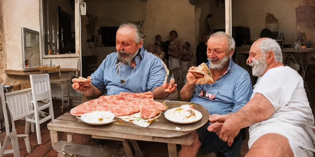 Image similar to photography of a cat sharing mortadella with his happy owner at a trullo house, photoreal, 3 5 mm, award winning photography