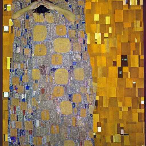 Prompt: a man laying in the sun covered by silk blankets, full body, Gustav Klimt painting