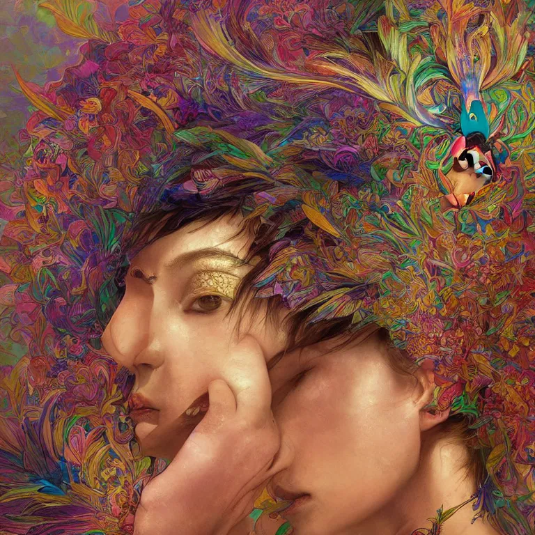 Image similar to A reality bending psychedelic ayahuasca experience, colorful, distorted, surreal, tropical bird feathers, dramatic lighting on the face, intricate, elegant, highly detailed, digital painting, concept art, smooth, sharp focus, illustration, art by Krenz Cushart and Wayne Barlowe and alphonse mucha