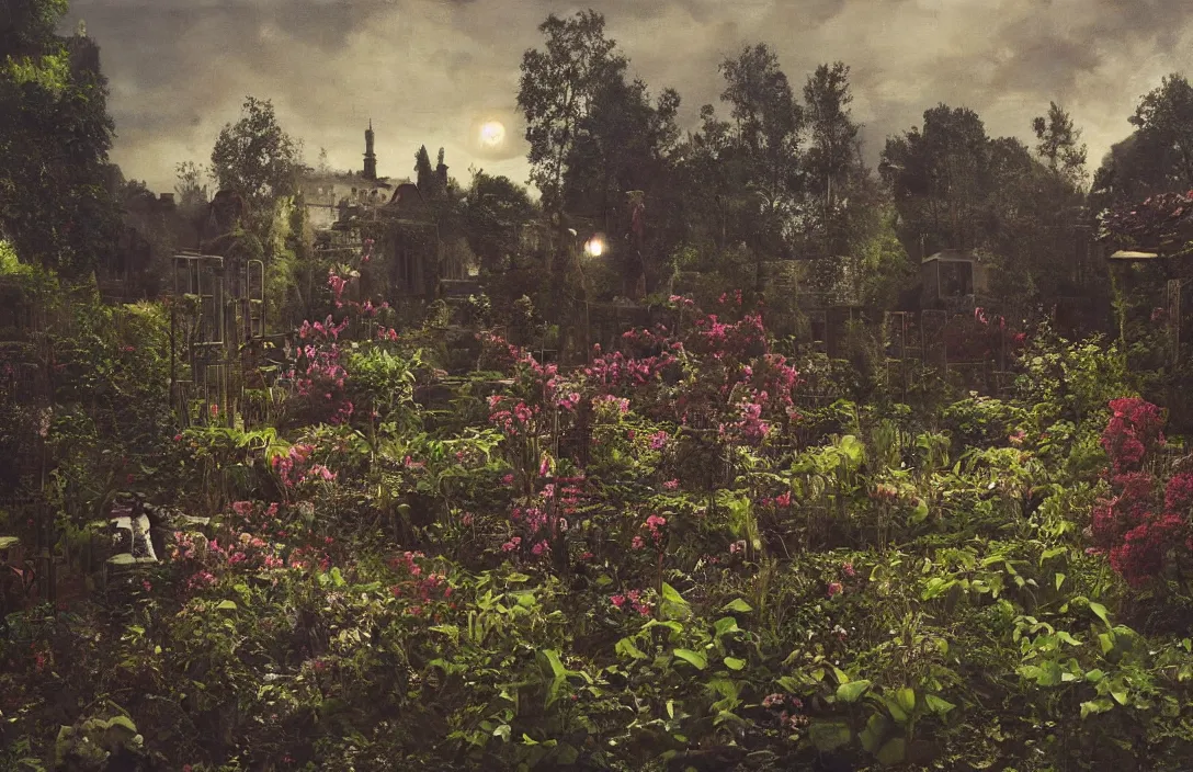 Image similar to garden idyll intact flawless ambrotype from 4 k criterion collection remastered cinematography gory horror film, ominous lighting, evil theme wow photo realistic postprocessing art by tim blandin painting by claude gellee gouache pieter s aenredam