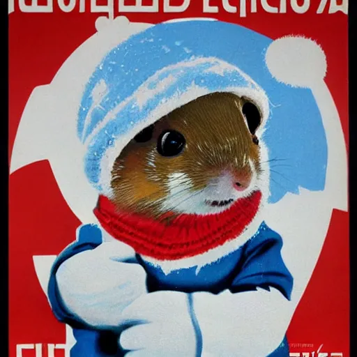 Prompt: a soviet union propaganda poster of a roborovski hamster in a winter hat, detailed, smooth, old, crinkled, red and white colors