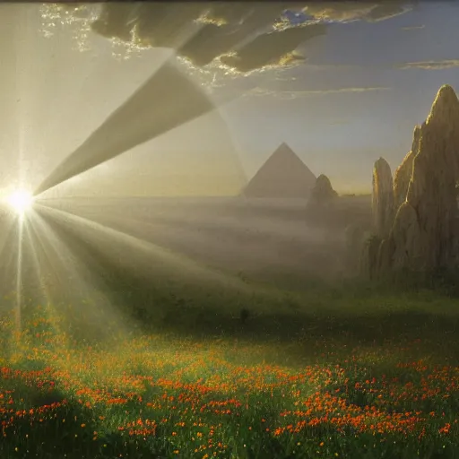 Image similar to rhythmic interval tectonic surfaces as resonant waves of harmonic organic mystical megastructure crystal lattice pyramid architectures exploding with light and god rays in a meadow full of wildflowers by albert bierstadt, by glen small, by giovanni battista piranesi, photorealistic, god rays, octane render, depth of field, volumetric light, volumetric fog, holy spirit