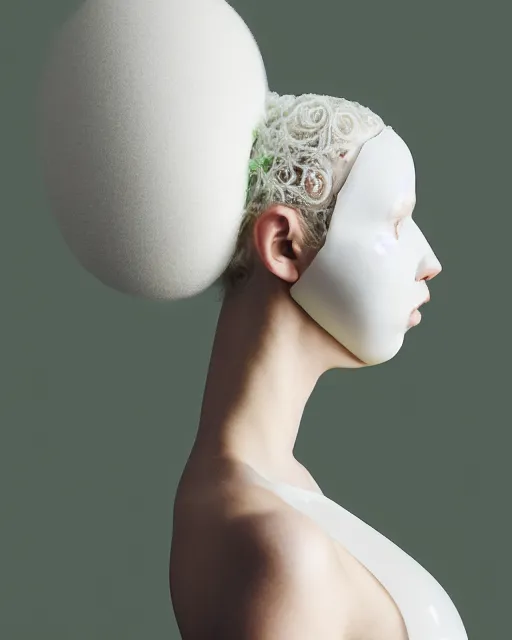 Image similar to portrait of a woman wearing a white embroidered translucent silicone mask and white green frizzy hair buns, wearing a black bodysuit by alexander mcqueen, cream white background, soft diffused light, biotechnology, humanoide robot, bjork aesthetic, translucent, by rineke dijkstra, intricate details, highly detailed, masterpiece,